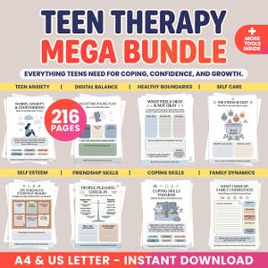 May include: A bundle of printable teen therapy resources. The title "TEEN THERAPY MEGA BUNDLE" is in red and blue. The bundle includes worksheets on teen anxiety, digital balance, healthy boundaries, self-care, self-esteem, friendship skills, coping skills, and family dynamics.