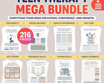 May include: A digital download bundle of teen therapy resources. The title "TEEN THERAPY MEGA BUNDLE" is in red and blue. The bundle includes worksheets on teen anxiety, digital balance, healthy boundaries, self-care, self-esteem, friendship skills, coping skills, and family dynamics.