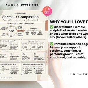May include: A printable therapy toolkit titled "Shame &rarr; Compassion" with a clear map and instructions on how to respond to shame. The document includes diagrams, text, and the text "Why You'll Love It?" and "Paperox".