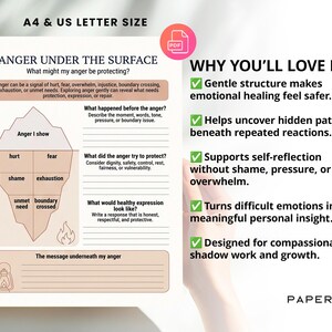 May include: A printable PDF worksheet titled "ANGER UNDER THE SURFACE" with an iceberg graphic. The worksheet includes prompts to explore anger, such as "What might my anger be protecting?" and "What happened before the anger?"