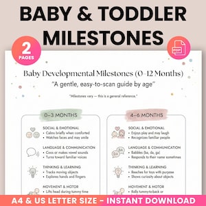 Puede incluir: Un gráfico imprimible de hitos para bebés y niños pequeños. El gráfico se titula "Baby & Toddler Milestones" e incluye hitos del desarrollo para edades de 0 a 12 meses. Disponible en tamaño A4 y US Letter.