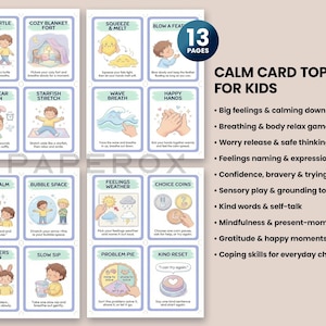 May include: A set of 13 calm card topics for kids, featuring illustrations and text. The cards cover topics like big feelings, breathing, worry release, and gratitude. The cards are designed to help children manage emotions and develop coping skills.