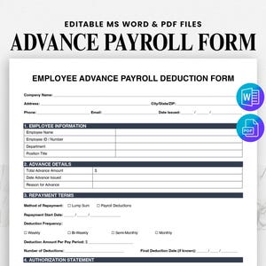 Employee Advance Payroll Deduction Form – Editable Wage Advance Agreement & Repayment Authorization Template - Printable PDF
