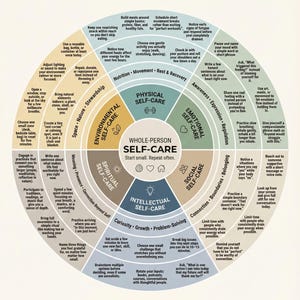 Puede incluir: Un diagrama circular colorido, titulado "The Self-Care Navigator", con secciones para diferentes aspectos del bienestar. El diagrama incluye texto e iconos para diversas prácticas de autocuidado.