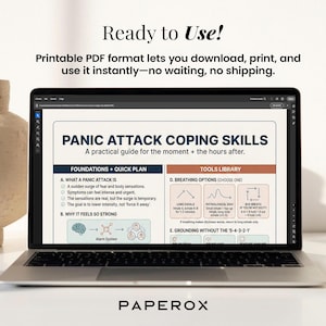 K&ouml;nnte beinhalten: Ein Laptop zeigt einen "Panic Attack Coping Skills"-Leitfaden. Der Bildschirm zeigt einen praktischen Leitfaden mit Grundlagen, Schnellpl&auml;nen und Atemoptionen. Der Text "Ready to Use!" steht oben. Der Laptop steht auf einer wei&szlig;en Oberfl&auml;che.