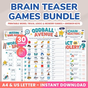 May include: A digital bundle of 30 printable brain teaser games including word, trivia, logic, and memory puzzles. The collection features colorful activity sheets with titles like Oddball Avenue, Word Sprint, and Fact or Foolery, provided in PDF format.