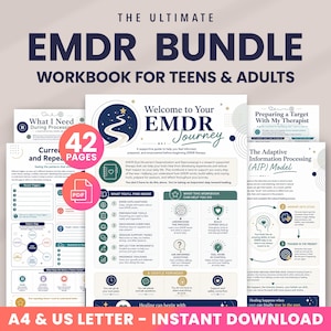 May include: A digital EMDR workbook bundle for teens and adults featuring 42 pages of therapeutic content. The document includes sections on processing, grounding exercises, and the AIP model, available as an instant download in A4 and US Letter sizes.