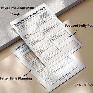 May include: Two white paper planners with text, including "Deadline Backward Planner" and "Task Batch". The planners feature sections for milestones, tasks, and a batching schedule. The image has text that says "Productive Time Awareness", "Focused Daily Routines", and "Better Time Planning".