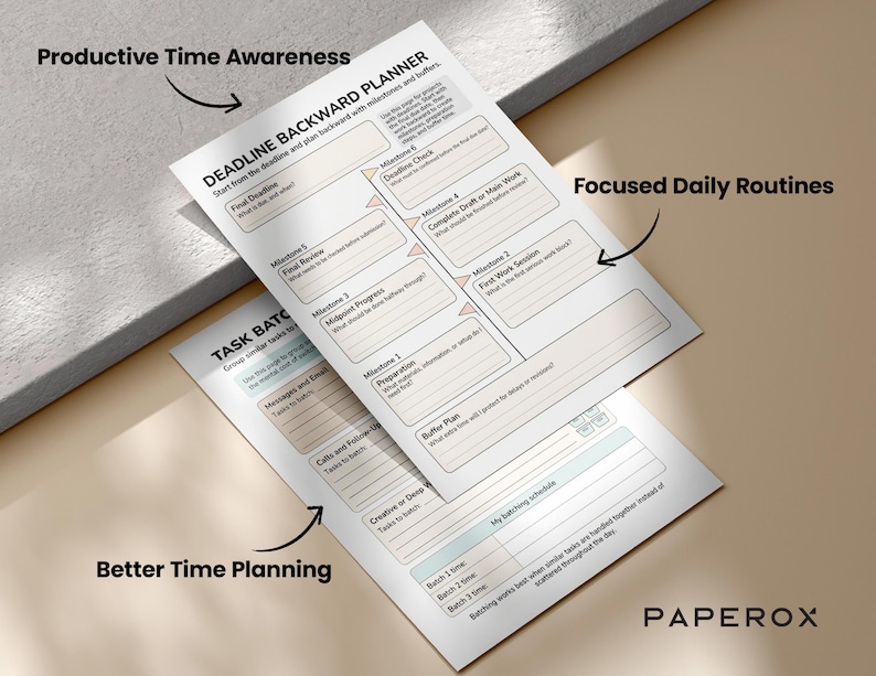 May include: Two white paper planners with text, including "Deadline Backward Planner" and "Task Batch". The planners feature sections for milestones, tasks, and a batching schedule. The image has text that says "Productive Time Awareness", "Focused Daily Routines", and "Better Time Planning".