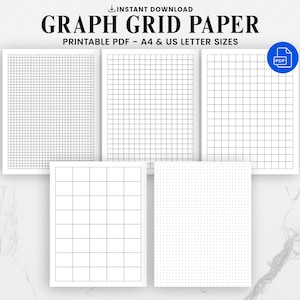 May include: Graph grid paper printable PDF in A4 and US letter sizes. The image shows several sheets of white paper with different grid patterns, including square and dot grids. The text "Graph Grid Paper" is at the top.