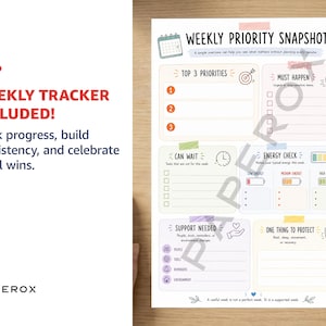 K&ouml;nnte beinhalten: Eine Weekly Priority Snapshot Planerseite mit Abschnitten f&uuml;r Top 3 Priorities, Must Happen, Can Wait, Energy Check, Support Needed und One Thing to Protect. Das Layout enth&auml;lt Symbole, Kontrollk&auml;stchen und pastellfarbene R&auml;nder.