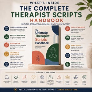 May include: The Ultimate Therapist Scripts Handbook is a 150-page book featuring a cream cover with blue, green, and orange geometric shapes, line art of two profiles, and text detailing clinical support, session flow, and practical tools.