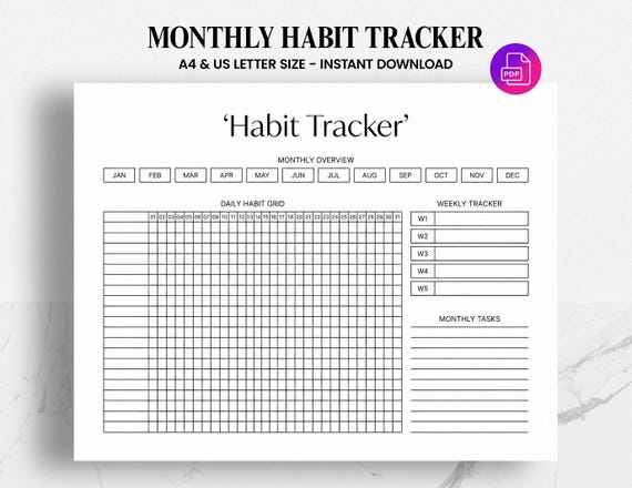 Minimal Habit Tracker Printable • Daily Weekly Monthly Habit Planner • Productivity Tracker Template • Goal Tracker Sheet • Self Improvement