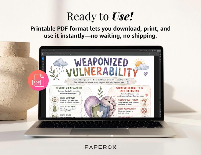 Puede incluir: Una pantalla de port&aacute;til que muestra una colorida infograf&iacute;a educativa titulada Weaponized Vulnerability. El gr&aacute;fico presenta ilustraciones dibujadas a mano de nubes, un sol y un escudo en forma de coraz&oacute;n, con texto que compara la vulnerabilidad genuina con el control.