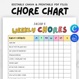 Kids Chore Chart Printable - Editable Daily & Weekly Responsibility Chart, Kids Routine Tracker, Instant Digital Download