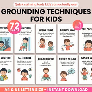 May include: A set of 72 grounding techniques cards for children, with illustrations and instructions for calming exercises. The cards feature colourful graphics and simple text, promoting mindfulness and emotional regulation.