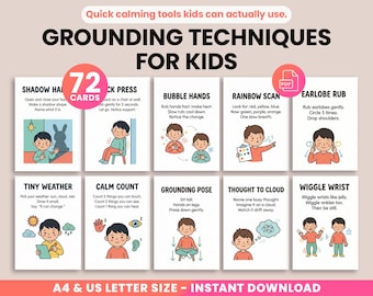 May include: A set of 72 grounding techniques cards for kids, featuring illustrations and instructions for various calming exercises. The cards are designed with colorful graphics and simple text, promoting mindfulness and emotional regulation.