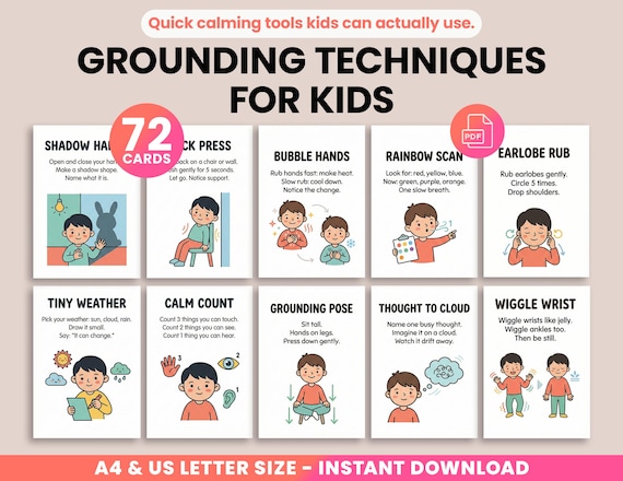Grounding Techniques Flashcards for Kids Printable - Coping Skills Cards, Calm Down Cards, Self-Regulation, Anxiety Relief, School Therapy