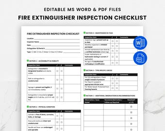 May include: A printable fire extinguisher inspection checklist with sections for accessibility, visibility, physical condition, maintenance, type-specific checks, and additional observations and recommendations. The checklist includes checkboxes for each inspection item and space for comments.