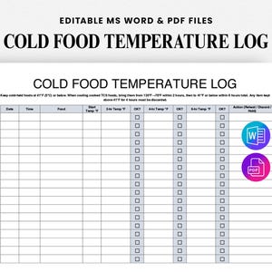Op de afbeelding: Een wit document met de titel "COLD FOOD TEMPERATURE LOG" met een tabel voor het registreren van voedseltemperaturen. De tekst "EDITABLE MS WORD & PDF FILES" staat bovenaan. Pictogrammen voor Word- en PDF-bestanden staan rechts.