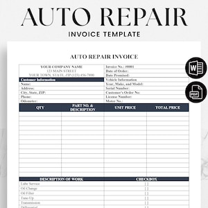 Auto Repair Invoice Template -  Automotive Service Invoice Template - Mechanic Service Invoice - Editable Word & PDF Form