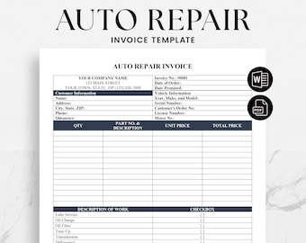 Auto Repair Invoice Template -  Automotive Service Invoice Template - Mechanic Service Invoice - Editable Word & PDF Form