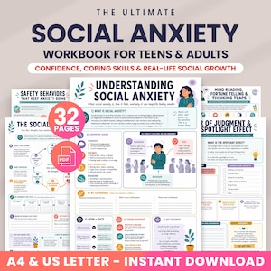 Arbetsbok för social ångest, arbetsblad för social ångest, KBT-arbetsblad, copingfärdigheter, terapiarbetsblad för tonåringar och vuxna, utskrivbar A4 PDF