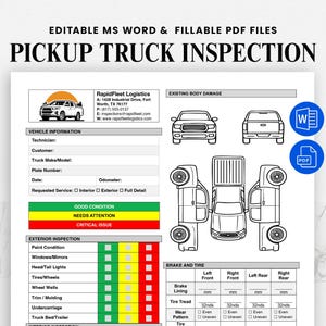 Ifyllbart inspektionsformulär för pickupbil - Utskrivbart diagram över lastbilsskador i PDF-format - Visuell checklista för bilvårdare före detaljhandel