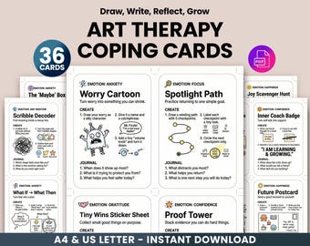 36 Art Therapy Prompt Cards - Mental Health Coping Skills, Drawing & Journaling Guide, Illustrated Therapy Cards, Art Journal Prompts