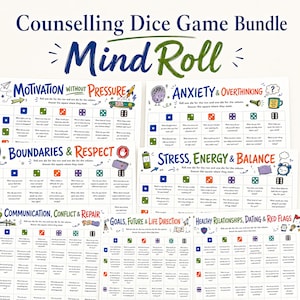 May include: A Counselling Dice Game Bundle titled Mind Roll featuring six printed game sheets with grids for topics like Motivation, Anxiety, Boundaries, Stress, Communication, Goals, and Relationships, each with colorful icons and text.