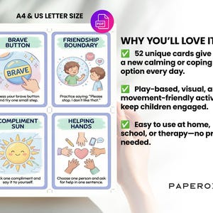 May include: A set of four illustrated cards with the titles "Brave Button", "Friendship Boundary", "Compliment Sun", and "Helping Hands". The cards are designed for children and include instructions and illustrations. The text "Why You'll Love It?" is also visible.