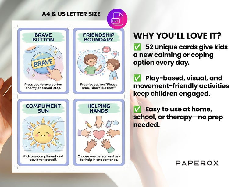 May include: A set of four illustrated cards with the titles "Brave Button", "Friendship Boundary", "Compliment Sun", and "Helping Hands". The cards are designed for children and include instructions and illustrations. The text "Why You'll Love It?" is also visible.