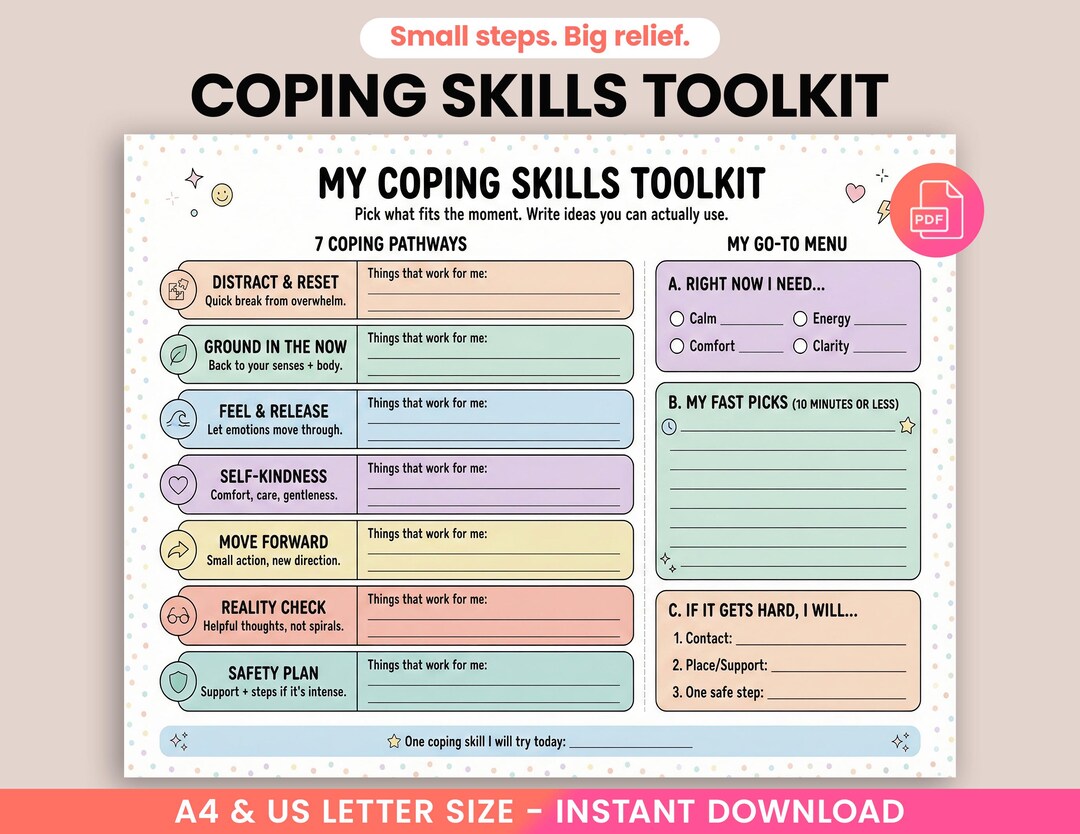 7 Types of Coping Skills Worksheet, Stress Management Tools, Therapy ...