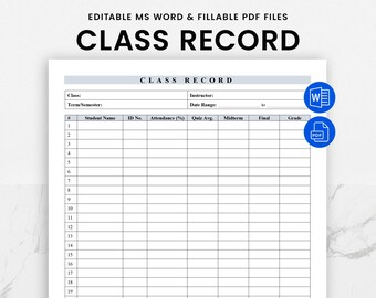 Class Record Template - Printable Teacher Grade Sheet - Class Gradebook - Student Attendance Tracker - Fillable PDF & Editable Word