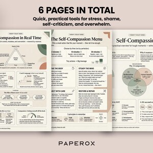 May include: A set of three printable pages from the "Therapy Toolkit Series" with the title "Self-Compassion" and the text "6 PAGES IN TOTAL". The pages feature diagrams and text on self-compassion, stress, and overwhelm. A gold pen rests on the right side.