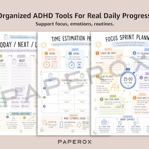 K&ouml;nnte beinhalten: Drei wei&szlig;e Papierplanungsbl&auml;tter mit farbenfrohen Illustrationen und Text, darunter Organized ADHD Tools For Real Daily Progress, Today/Next/Later, Time Estimation und Focus Sprint Planner mit einem schwarzen Stift auf der rechten Seite.