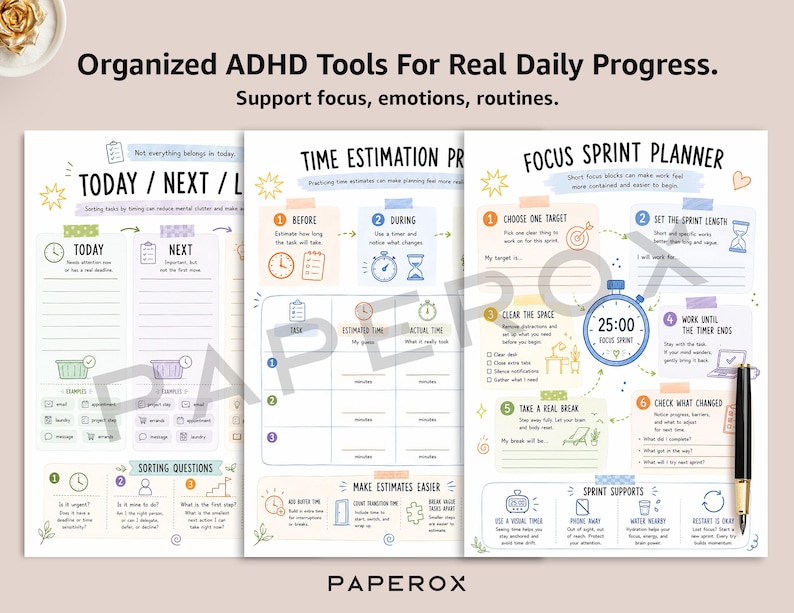 K&ouml;nnte beinhalten: Drei wei&szlig;e Papierplanungsbl&auml;tter mit farbenfrohen Illustrationen und Text, darunter Organized ADHD Tools For Real Daily Progress, Today/Next/Later, Time Estimation und Focus Sprint Planner mit einem schwarzen Stift auf der rechten Seite.