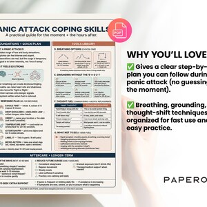 K&ouml;nnte beinhalten: Ein praktischer Leitfaden mit dem Titel "Panic Attack Coping Skills" zur Bew&auml;ltigung von Panikattacken. Er enth&auml;lt Atem-, Erdungs- und Gedankenver&auml;nderungstechniken. Das Bild zeigt ein PDF-Symbol.