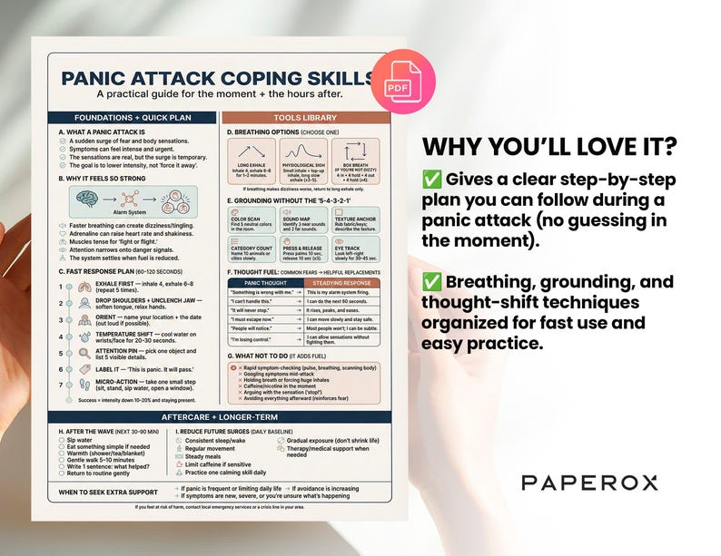 K&ouml;nnte beinhalten: Ein praktischer Leitfaden mit dem Titel "Panic Attack Coping Skills" zur Bew&auml;ltigung von Panikattacken. Er enth&auml;lt Atem-, Erdungs- und Gedankenver&auml;nderungstechniken. Das Bild zeigt ein PDF-Symbol.
