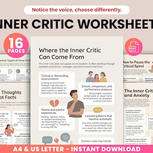 May include: A digital download of "Inner Critic Worksheets" with 16 pages. The worksheets cover topics like different types of inner critics, where they come from, and how to manage them. Includes A4 and US Letter sizes.