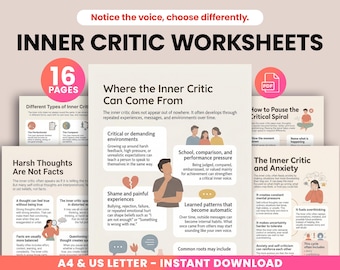 Inner Critic Worksheets, Self Esteem Worksheets, Anxiety and Perfectionism Workbook, Self Compassion Journal, Mental Health PDF
