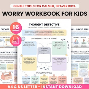 以下が含まれることがあります： 「Worry Workbook for Kids」というタイトルの子供向けワークブックで、「Gentle Tools for Calmer, Braver Kids」というテキストが書かれています。ワークブックは16ページで、思考検出と落ち着かせるツールに関するセクションが含まれています。A4とUSレターサイズで利用できます。