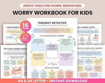 Kids Anxiety Workbook, Child Worry Worksheets, CBT Coping Skills,Thought Challenging Activity,Therapy Resources Tools,Therapist Office Games