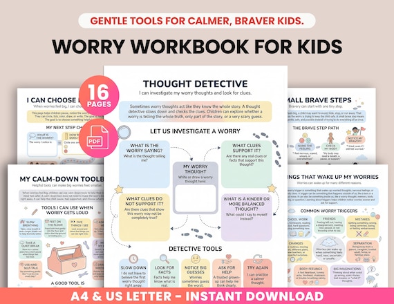Kids Anxiety Workbook, Child Worry Worksheets, CBT Coping Skills,Thought Challenging Activity,Therapy Resources Tools,Therapist Office Games