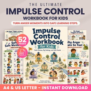 May include: A digital workbook titled The Ultimate Impulse Control Workbook for Kids, featuring 52 pages in PDF format. The cover displays a path with five steps: Pause, Breathe, Safe Hands, Kind Words, and Ask for Help, alongside illustrations.