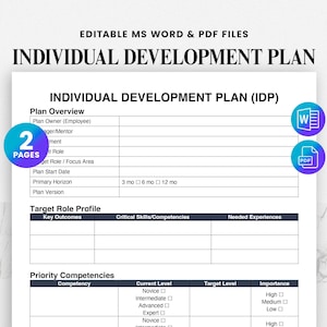 May include: A white document titled "INDIVIDUAL DEVELOPMENT PLAN (IDP)" with editable MS Word and PDF files. The document includes sections for plan overview, target role profile, and priority competencies. The image also includes a "2 PAGES" graphic.