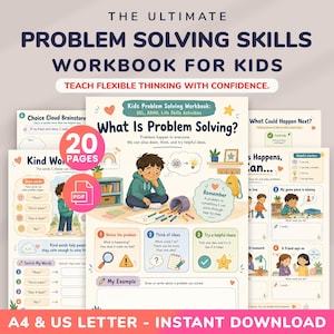 Peut inclure: Un cahier d'exercices numérique de 20 pages intitulé The Ultimate Problem Solving Skills Workbook for Kids, proposant des activités illustrées pour l'apprentissage socio-émotionnel. Les pages incluent des exercices pour identifier les problèmes.