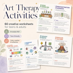 Art Therapy Activities Bundle, Doodle Creative Exercises for Anxiety & Mental Health, Printable Self Care Therapy Worksheets, Journal Pages image 6