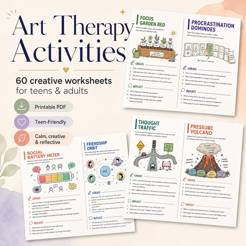 Art Therapy Activities Bundle, Doodle Creative Exercises for Anxiety & Mental Health, Printable Self Care Therapy Worksheets, Journal Pages image 6