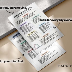 May include: Two white printed sheets with text and diagrams, labeled "RUMINATION INTERRUPTER" and "COMPASS". The text includes "Stop spirals, start moving" and "Tools for everyday overwhelm." The brand name "PAPEROX" is visible.